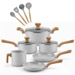 Jogo de Panelas Nivera 6 Peças Cinza com 4 Utensílios, antiaderente, fundo de indução e tampas de vidro.