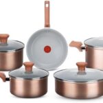 Jogo de Panelas Rochedo Ceramic Rose Gold 5 Peças: antiaderente cerâmico, compatível com indução e Thermo-Sinal exclusivo.