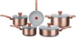 Jogo de Panelas Rochedo Ceramic Rose Gold 5 Peças: antiaderente cerâmico, compatível com indução e Thermo-Sinal exclusivo.