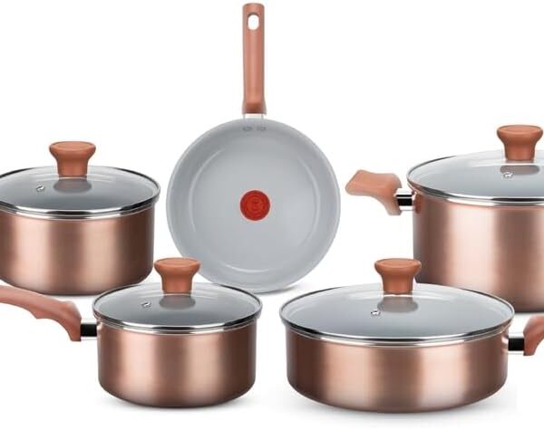 Jogo de Panelas Rochedo Ceramic Rose Gold 5 Peças: antiaderente cerâmico, compatível com indução e Thermo-Sinal exclusivo.