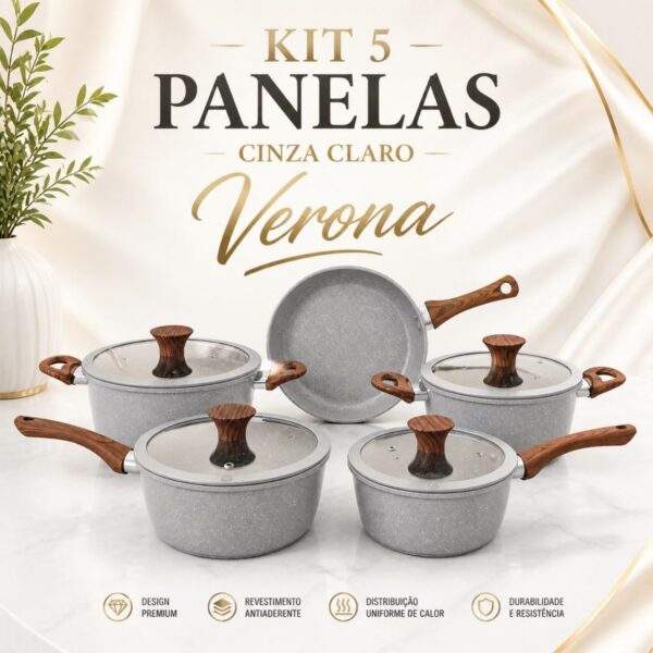 Jogo de Panelas Verona 5 Peças: antiaderente cerâmico, compatível com indução e fácil de limpar para sua cozinha.