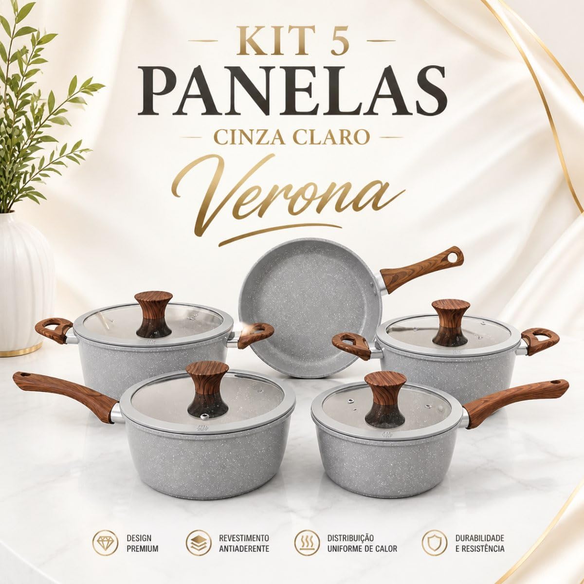 Jogo de Panelas Verona 5 Peças: antiaderente cerâmico, compatível com Jogo de Panelas Verona 5 Peças: antiaderente cerâmico, compatível com indução e fácil de limpar para sua cozinha.