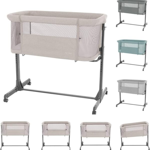 Kikkaboo Berço Noah bege: ajustável, anti-refluxo, com rodas e abertura lateral para mais praticidade e conforto.