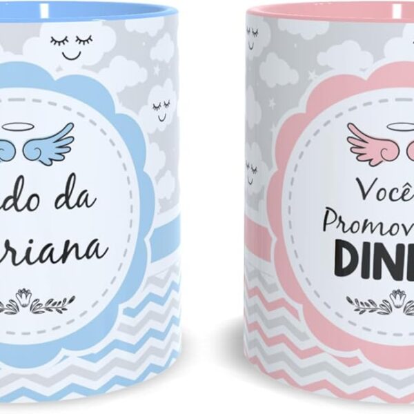 Kit 2 Canecas Dinda e Dindo Personalizadas 325ml, presente emocionante para convite de padrinhos de batismo com nome personalizável.