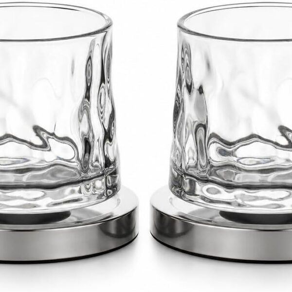 Kit 2 Copos de Whisky Giratório 170ml com Base Cromada: design premium, rotação suave e elegância para whisky, drinks e presentes sofisticados.