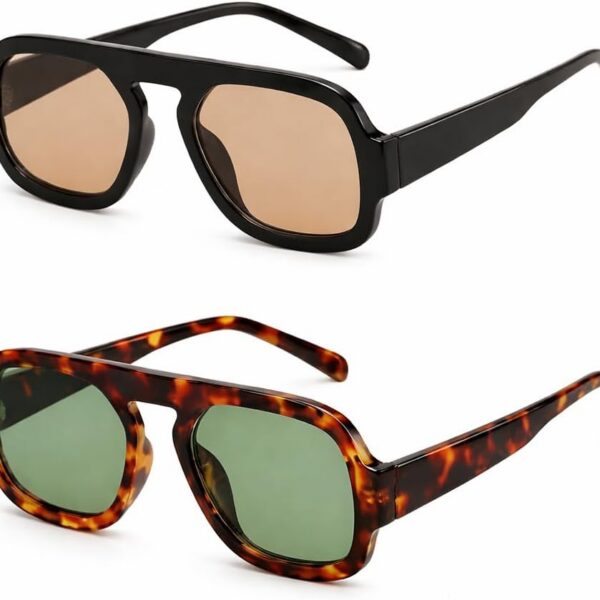 Kit 2 Óculos de Sol Aviador Quadrado UV400: proteção total, estilo vintage unissex e conforto para uso diário.