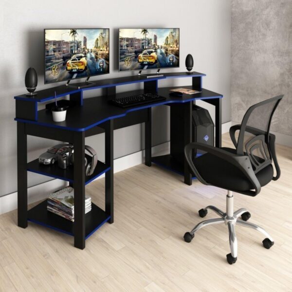 Kit 2 Peças com Mesa Gamer ME4167 e Cadeira Mesh Preto/Azul: conforto e praticidade para seu setup gamer e escritório
