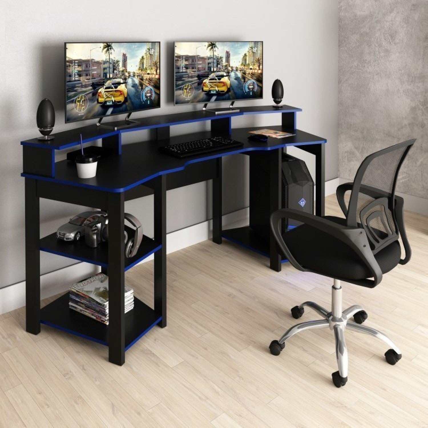 Kit 2 Peças com Mesa Gamer ME4167 e Cadeira Mesh Kit 2 Peças com Mesa Gamer ME4167 e Cadeira Mesh Preto/Azul: conforto e praticidade para seu setup gamer e escritório