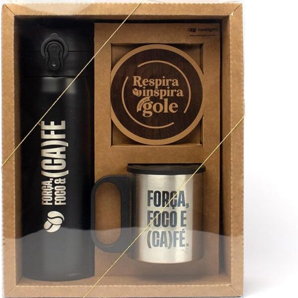 Kit Café Inox com garrafa e caneca: presente sofisticado para escritório, home office e lazer.