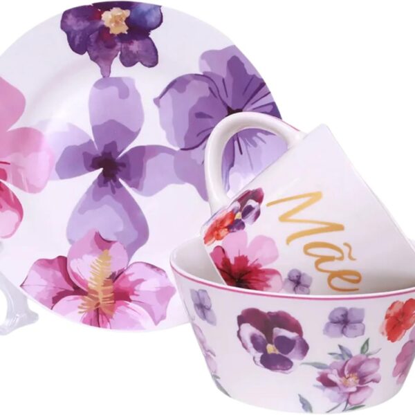 Kit Café da Manhã Mãe Florence: caneca, bowl e prato em cerâmica resistente para refeições práticas, charmosas e especiais.