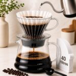 Kit Cafeteira Vidro 600ml V60 em Vidro Borossilicato – Suporte com Filtro + Jarra de Vidro + 40 Filtros de Papel + Colher Dosadora – Café Coado Especial Gourmet artesanal premium