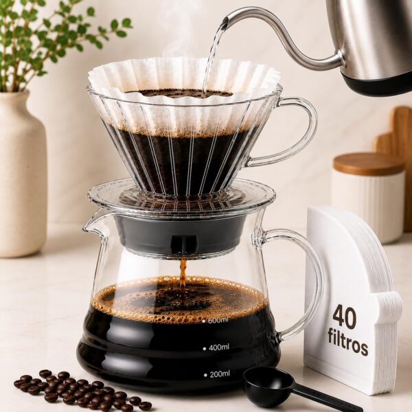 Kit Cafeteira Vidro 600ml V60 em Vidro Borossilicato – Suporte com Filtro + Jarra de Vidro + 40 Filtros de Papel + Colher Dosadora – Café Coado Especial Gourmet artesanal premium