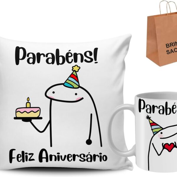 Kit Caneca e Almofada Flork Meme Aniversário: presente criativo e completo com caneca 325ml, almofada e sacola Kraft.