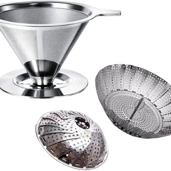 Kit Cesto Cozedor a Vapor Inox + Infusor Reutilizável: mais saúde, praticidade e sabor na cozinha.