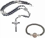 Kit Colar Terço São Bento Hematita 8mm e Pulseira Medalha de São Bento: proteção e estilo em conjunto essencial.