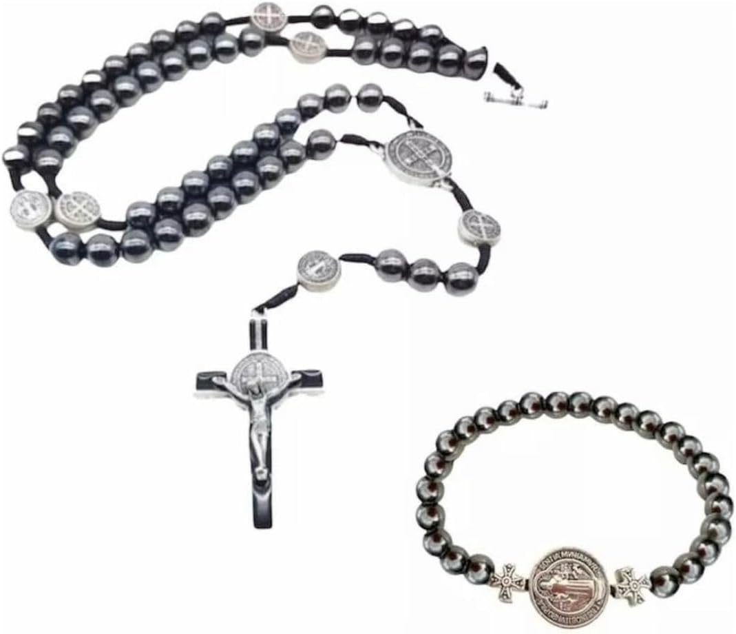 Kit Colar Terço São Bento Hematita 8mm e Pulseira Medalha Kit Colar Terço São Bento Hematita 8mm e Pulseira Medalha de São Bento: proteção e estilo em conjunto essencial.