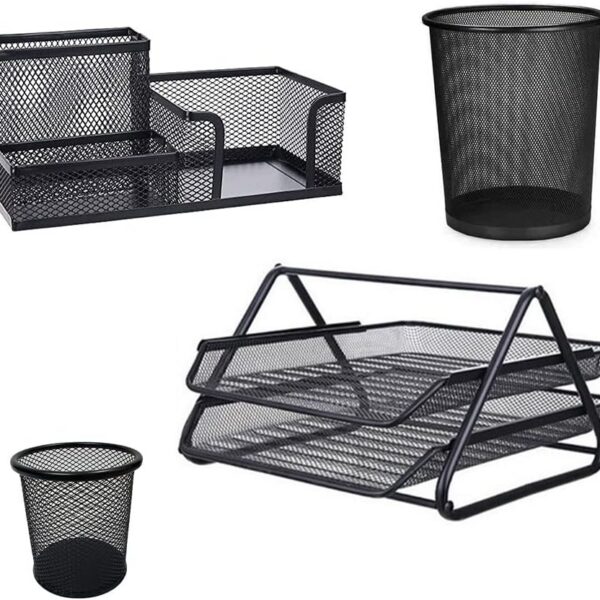 Kit Escritorio Organizador 4 Itens para mesa organizada, ideal para home office e escritório com bandeja, lixeira e porta-lápis