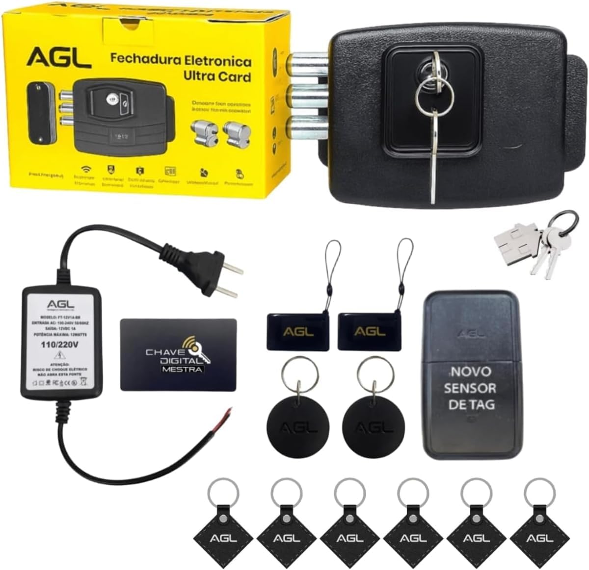 Kit Fechadura Eletrônica AGL Ultra Card Preta com 10 chaves Kit Fechadura Eletrônica AGL Ultra Card Preta com 10 chaves digitais, alta segurança e acesso rápido para portas e portões.