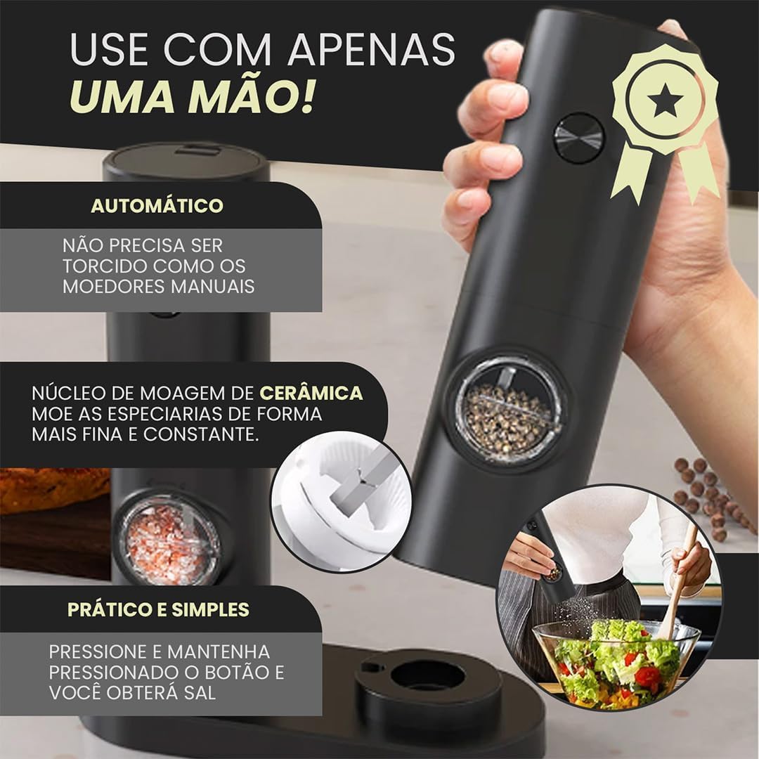 Kit Gourmet com 2 Moedores Elétricos de Sal e Pimenta Kit Gourmet com 2 Moedores Elétricos de Sal e Pimenta com LED, praticidade e elegância para sua cozinha e jantares sofisticados.