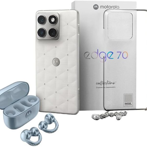Kit Motorola Edge 70 5G 512GB Swarovski com fones Loop Ice Melt e capa protetora premium para compra exclusiva.