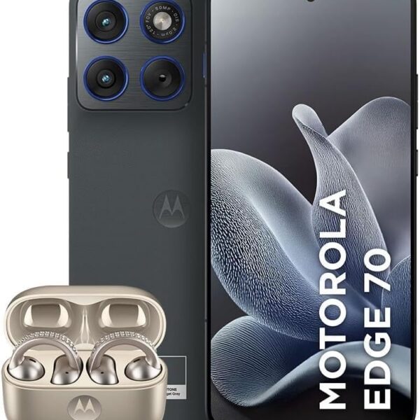 Kit Motorola Edge 70 5G 512GB com Moto Buds Loop Swarovski Champagne: design ultrafino, muito espaço e som premium para comprar agora.