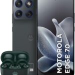 Kit Motorola Edge 70 5G 512GB - desempenho, armazenamento e estilo com Moto Buds Loop verde.