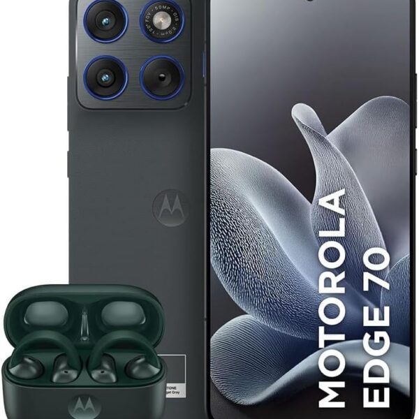 Kit Motorola Edge 70 5G 512GB - desempenho, armazenamento e estilo com Moto Buds Loop verde.
