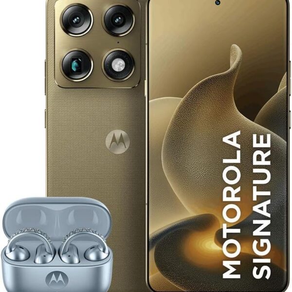 Kit Motorola Signature 5G 512GB Verde Oliva + Loop Swarovski Ice Melt: design premium, conforto e áudio sofisticado para sua compra.