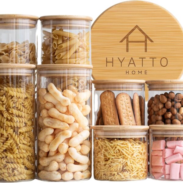 Kit Potes Herméticos Hyatto Home de vidro com tampa de bambu: conserva alimentos com estilo e praticidade.