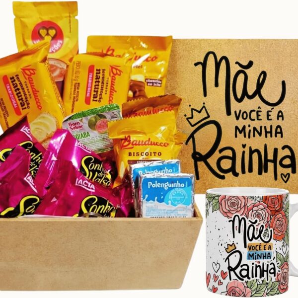 Kit Presente Cesta Café da Manhã Dia das Mães com caneca decorada: um presente completo e cheio de carinho para surpreender a mamãe.