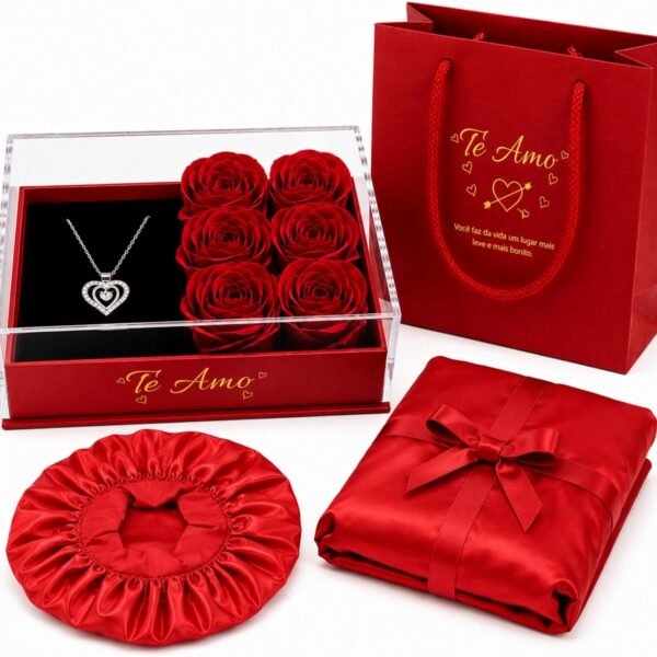 Kit Presente Dia dos Namorados com Caixa Acrílico, rosas, colar, touca de cetim e sacola Te Amo: presente romântico e completo.