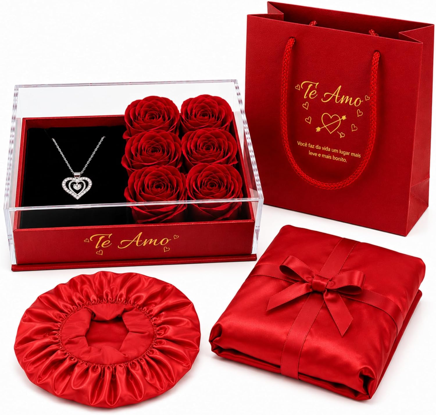 Kit Presente Dia dos Namorados com Caixa Acrílico, rosas, colar, Kit Presente Dia dos Namorados com Caixa Acrílico, rosas, colar, touca de cetim e sacola Te Amo: presente romântico e completo.