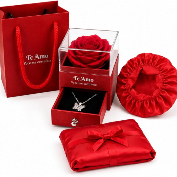 Kit Presente Dia dos Namorados com rosa, colar, touca de cetim e sacola premium pronta para presentear com charme e romantismo.