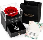 Kit Presente Rosa Eterna com Colar Eu Te Amo 100 Idiomas: presente romântico e sofisticado em caixa de luxo com sacola.