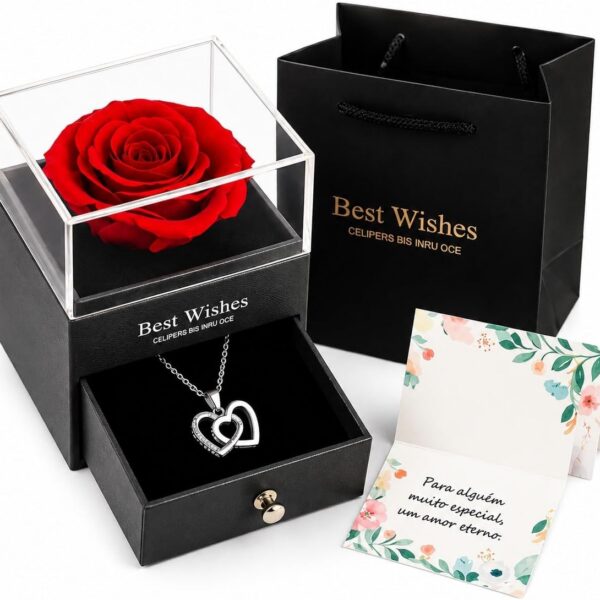 Kit Presente Rosa Eterna com Colar Eu Te Amo 100 Idiomas: presente romântico e sofisticado em caixa de luxo com sacola.