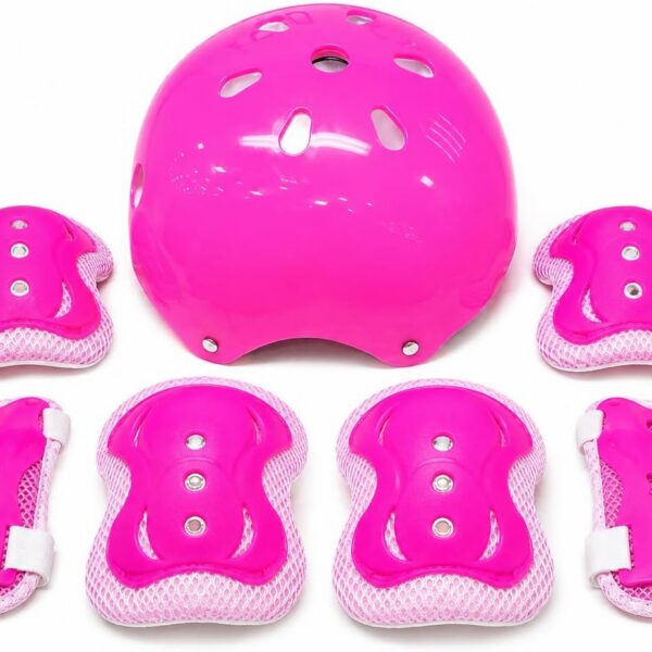 Kit Protecao Infantil Menina 7 Pecas Rosa: seguranca completa, conforto ajustavel e ideal para patins, skate, bicicleta e patinete.