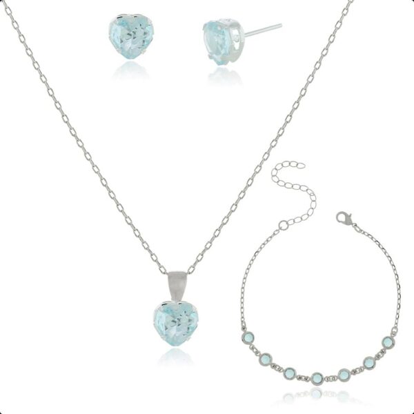 Kit Semijoia Prata 925 Coração Azul: pulseira, colar e brinco delicados para um look elegante e versátil.