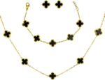 Kit Trevo Preto Luxo: colar, pulseira e brinco em aço inox dourado, elegante e pronto para presentear.