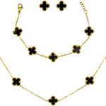 Kit Trevo Preto Luxo: colar, pulseira e brinco em aço inox dourado, elegante e pronto para presentear.