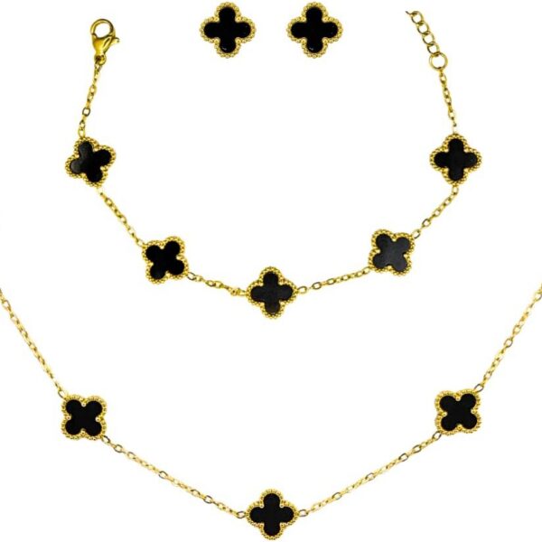 Kit Trevo Preto Luxo: colar, pulseira e brinco em aço inox dourado, elegante e pronto para presentear.