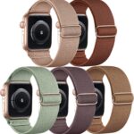 Kit com 5 pulseiras elásticas de nylon para Apple Watch, ajuste confortável e compatibilidade com vários modelos e tamanhos.