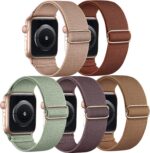 Kit com 5 pulseiras elásticas de nylon para Apple Watch, ajuste confortável e compatibilidade com vários modelos e tamanhos.