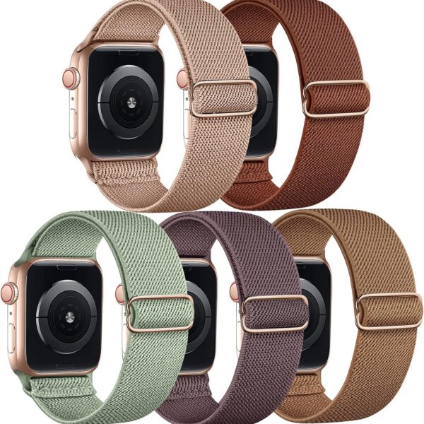 Kit com 5 pulseiras elásticas de nylon para Apple Watch, ajuste confortável e compatibilidade com vários modelos e tamanhos.