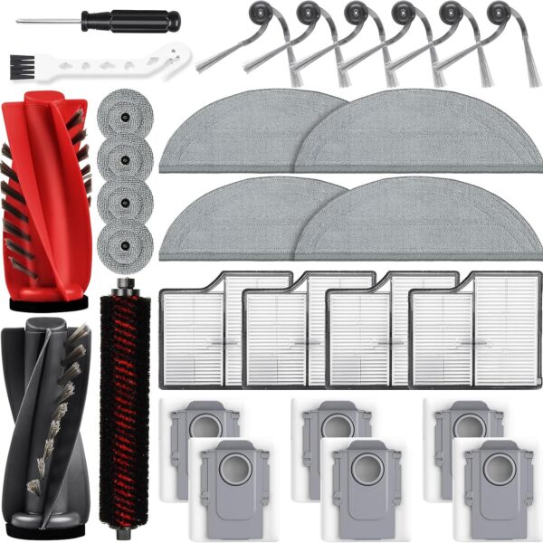 Kit de acessórios para Roborock Saros 10 robô aspirador de pó, 1 par de escova principal, 6 escovas laterais, 4 filtros, 6 sacos de pó, 4 esfregões longos, 4 esfregões redondos pequenos, 1 escova de