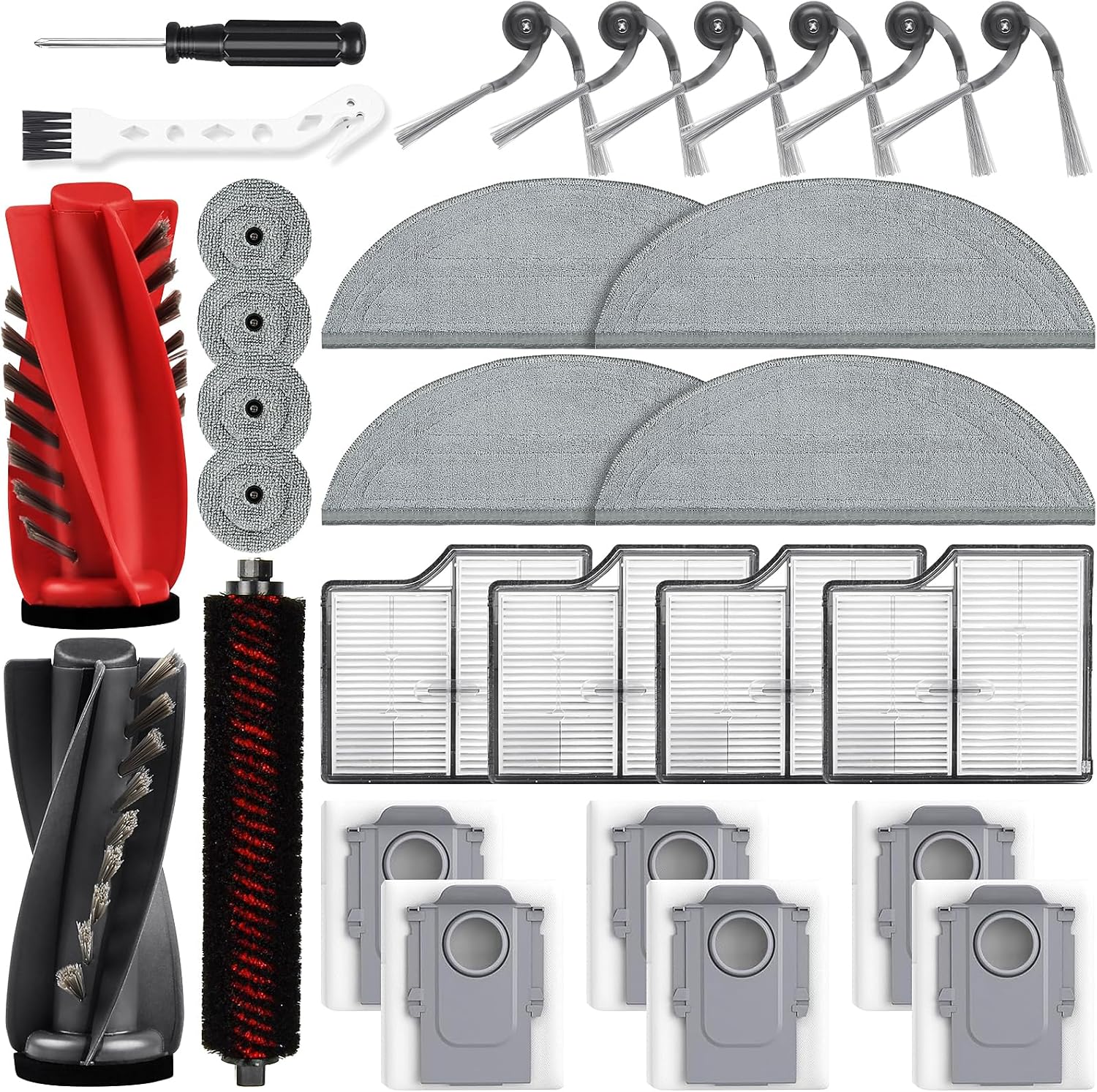 Kit de acessórios para Roborock Saros 10 robô aspirador de Kit de acessórios para Roborock Saros 10 robô aspirador de pó, 1 par de escova principal, 6 escovas laterais, 4 filtros, 6 sacos de pó, 4 esfregões longos, 4 esfregões redondos pequenos, 1 escova de