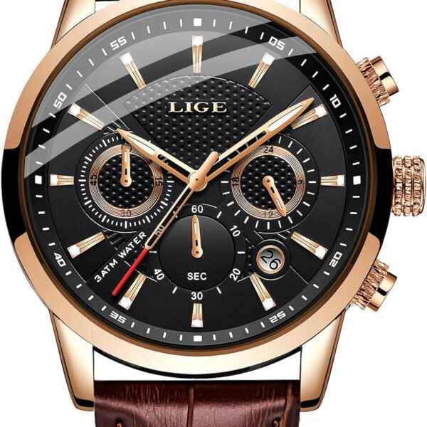 LIGE relógio masculino cronógrafo em couro: elegante, resistente à água e ideal para negócios e uso diário