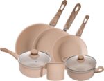 LYOR Conjunto 6 Panelas de Indução Granito Chef Bege: praticidade, elegância e compatibilidade com todas as fontes de calor.
