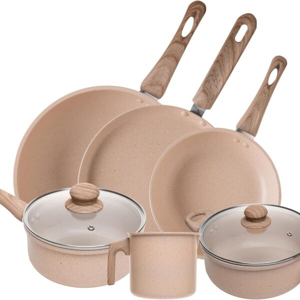 LYOR Conjunto 6 Panelas de Indução Granito Chef Bege: praticidade, elegância e compatibilidade com todas as fontes de calor.