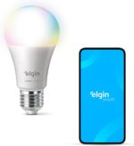 Lâmpada Inteligente Elgin 10W RGB Wi-Fi com Alexa e Google Home: cores, automação e controle por voz para sua casa.