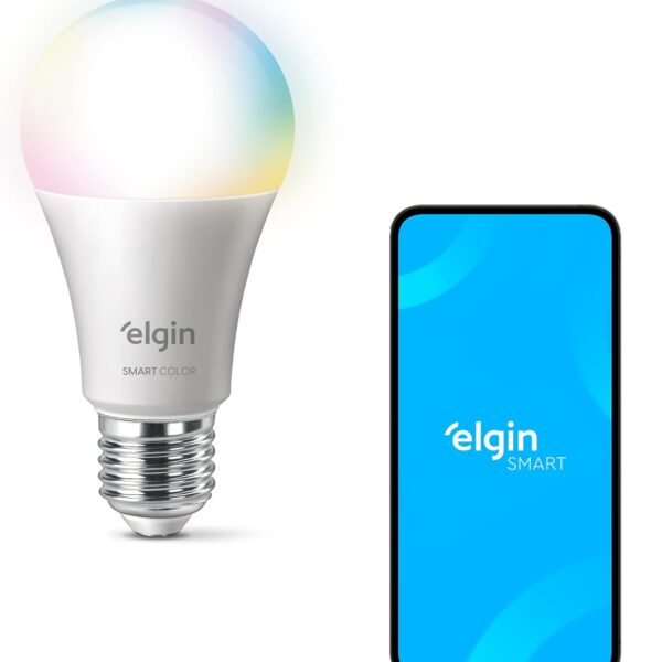 Lâmpada Inteligente Elgin 10W RGB Wi-Fi com Alexa e Google Home: cores, automação e controle por voz para sua casa.